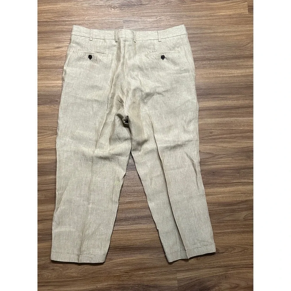 ORVIS Wide Leg Men's Pleated 100% Linen Cuffed Dress Pants Tan/Brown Sz 38x26
